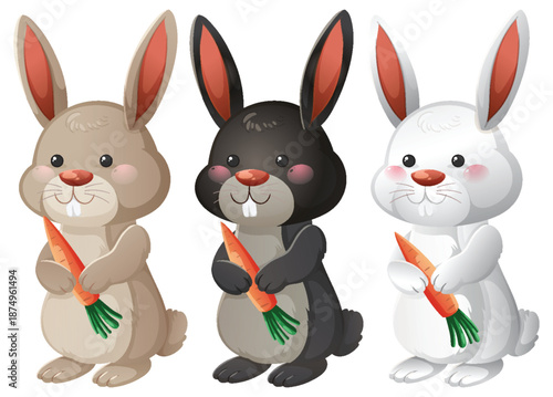 Three Cartoon Rabbits Holding Carrots in a Row