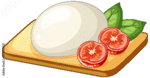 Fresh Mozzarella Cheese Ball with Sliced Tomatoes and Basil on Board