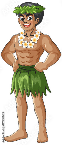 Smiling Hawaiian Man in Traditional Grass Skirt and Lei