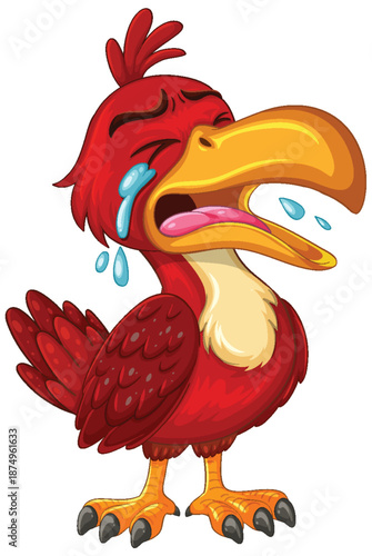 Cartoon Red Bird Crying With Tears Streaming Down Face