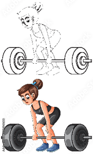 Young Woman Lifting Barbell in Cartoon Vector Style
