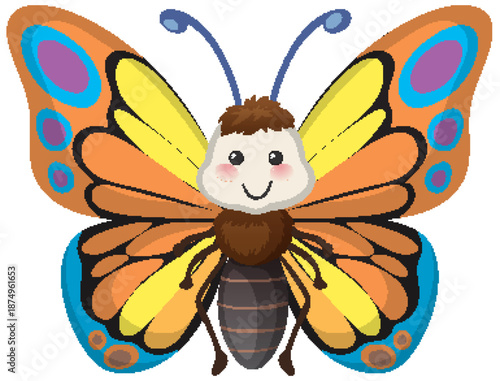 Smiling Cartoon Butterfly with Colorful Patterned Wings