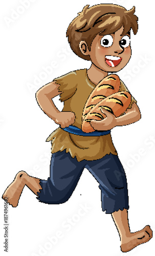 Cartoon Poor Boy Running With Stolen Bread Loaf