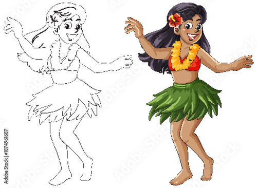 Smiling Hula Dancer in Traditional Hawaiian Costume