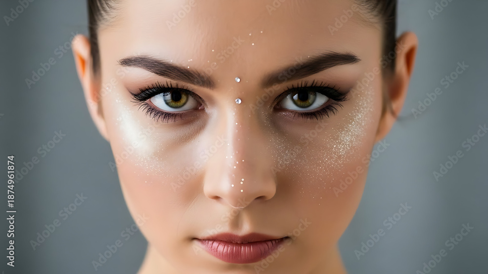 Fototapeta premium Woman with cosmetic glitter on her face and eyes looking directly
