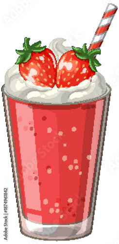 Strawberry Smoothie with Whipped Cream and Fresh Berries Vector Illustration