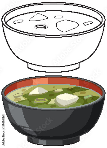 Japanese Miso Soup Bowl Vector Illustration in Color and Line Art