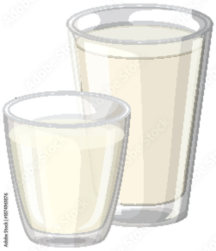 Two Glasses of Fresh White Milk Vector Illustration on White Background