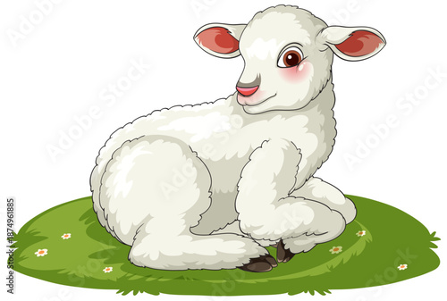 Cute Cartoon Lamb Resting on Green Grass