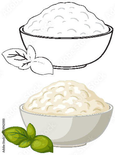 Vector Illustration of a Bowl of Fresh Ricotta Cheese with Basil Leaves
