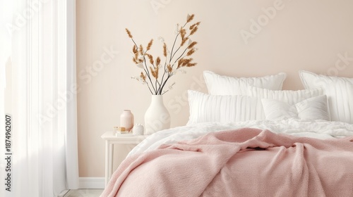 Minimal bedroom setup featuring soft blanket and romantic accent decor, showcasing a cozy atmosphere with natural light and inviting textures