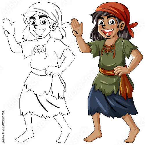 Smiling Young Bandit Waving in Tattered Clothes