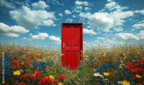 red door standing alone in the middle of a vibrant nature scene with a field of flowers under a blue sky, symbolizing opportunities and new beginnings, Generative AI