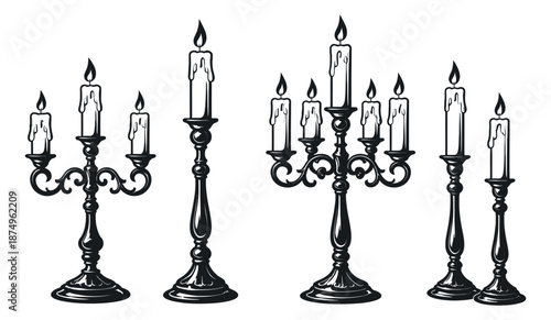 Ornate line art candelabra and candle holder set featuring elegant designs for gothic or vintage decor