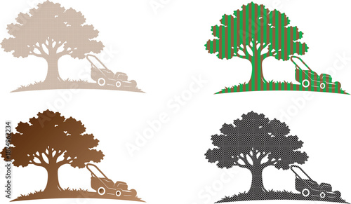   
Four tree and mower illustrations show varied graphic styles halftone striped gradient and silhouette highlighting creative landscaping icon design