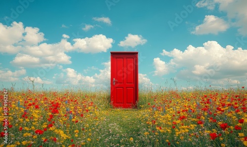 red door standing alone in the middle of a vibrant nature scene with a field of flowers under a blue sky, symbolizing opportunities and new beginnings, Generative AI
