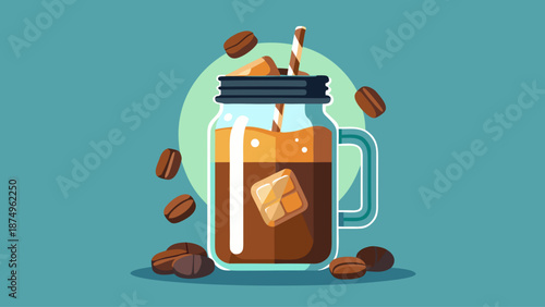 A mug of coffee with ice cubes and coffee beans on top. The mug is on a blue background