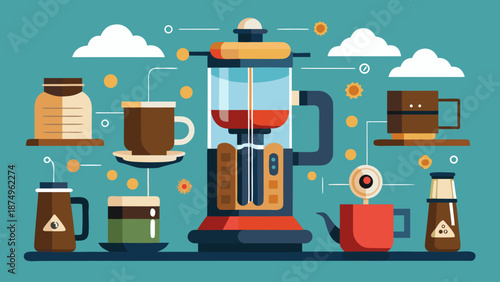 A colorful illustration of a coffee machine with various cups and mugs surrounding it. Concept of warmth and comfort, as it showcases the different types of coffee