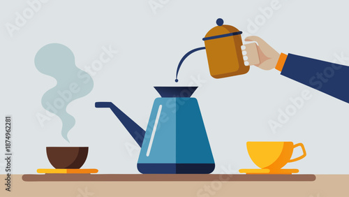 A person is pouring coffee into a cup from a coffee pot.