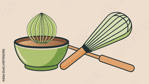 A green bowl filled with a green substance sits on a table next to a green whisk and a green spatula. The bowl is likely used for mixing or serving the green substance