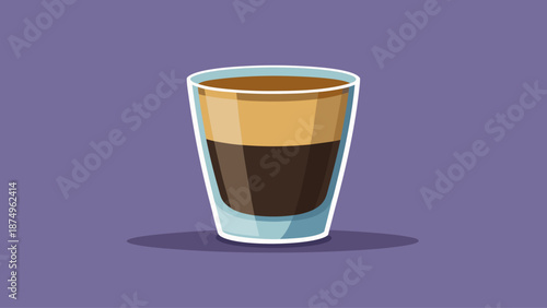 A glass of coffee with a brown liquid in it. The coffee is in a glass and is sitting on a purple background
