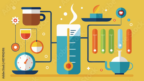 A colorful drawing of a coffee machine with a thermometer and a timer. The drawing conveys the idea of a busy coffee shop with various drinks and equipment