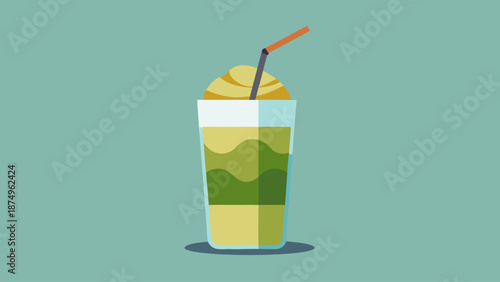 A green drink with a straw in it. The drink is in a glass. The glass is on a blue background