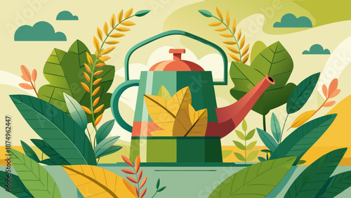 A green tea kettle with leaves on top of it is surrounded by green leaves. The leaves are in various sizes and are scattered around the kettle. The scene is set in a garden with a green background
