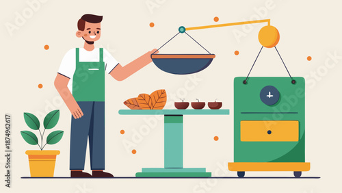 A man is holding a scale and a plant is in the background. The scale is green and the plant is yellow