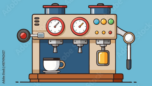 A coffee maker with two dials and a cup on the counter. The dials are red and white and the coffee maker is on a wooden table