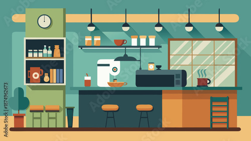 A kitchen with a clock on the wall and a microwave on the counter. There are several cups and bowls on the counter, and a potted plant on the left side of the room. The kitchen is clean