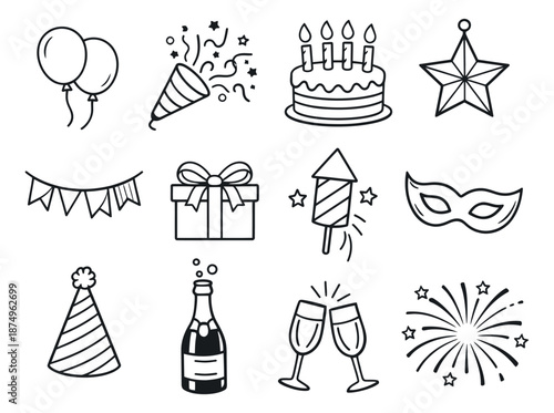 Hand drawn line art party icon set featuring balloons, birthday cake, gifts, and fireworks for celebrations and special events