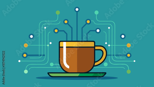 A cup with a design of wires and dots on it. The cup is on a plate. The image has a futuristic and technological vibe