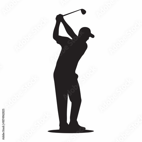 black silhouette of a male golfer swinging a club on a white background