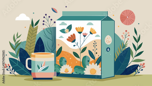 A box of cereal with a flowery design and a cup of tea. The image has a peaceful and calming mood, with the flowers and the tea suggesting a relaxing and soothing experience