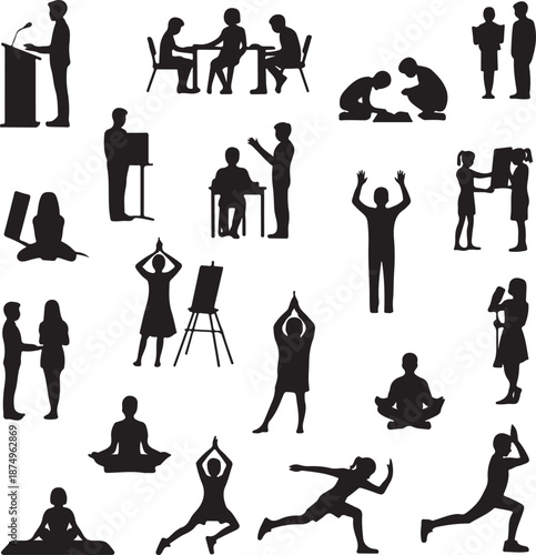 black silhouettes of people doing various activities and exercises on white background