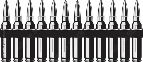Ammunition belt with rifle bullets aligned in row, black and white vector illustration showing military ammo, combat supplies, and weaponry design elements