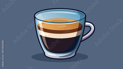 A glass of coffee with a blue rim. The coffee is brown and has a creamy texture. The cup is half full