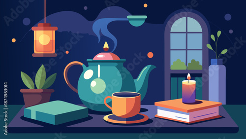 A tea set with a teapot, a cup, and a book is on a table. The table is lit by a candle and a lamp. The scene is cozy and inviting, perfect for a relaxing evening