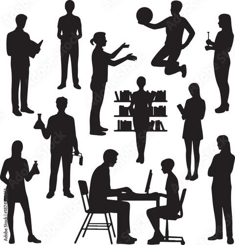 black silhouettes of people doing various activities on white background
