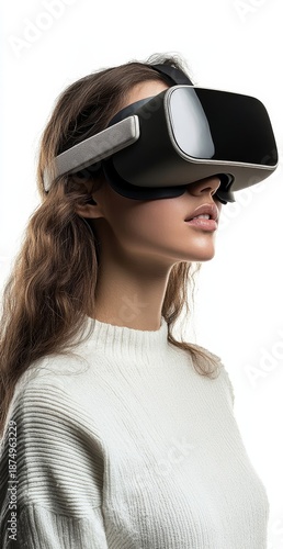 woman wearing a virtual reality headset, isolated against a white background, symbolizing interaction with advanced technology, Generative AI