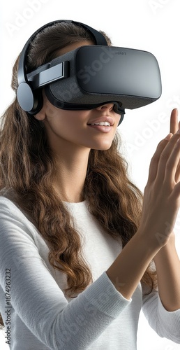 woman wearing a virtual reality headset, isolated against a white background, symbolizing interaction with advanced technology, Generative AI