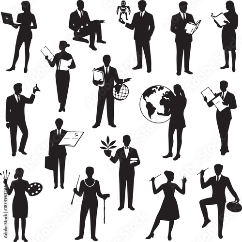 black silhouettes of people doing various activities on white background