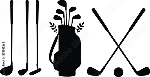 Golf equipment silhouette collection featuring clubs, golf bag, crossed clubs, and ball for sports design, leisure activity themes, athletic branding, and hobby illustrations.