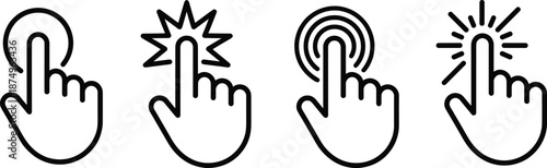 Minimal line icons of hand pointer clicking and tapping symbols showing digital interaction gestures for touchscreen interfaces, user interface design, and modern technology concepts.