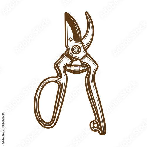 Drawing Vintage Brown pruning shears illustration  gardening tool for cutting and trimming plants  hand held clipper