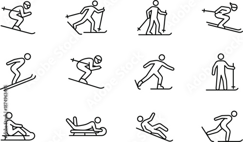 Minimal winter sports icon set featuring skiing, snowboarding, sledding and cross-country activities in simple line art, ideal for outdoor, fitness and seasonal design projects.