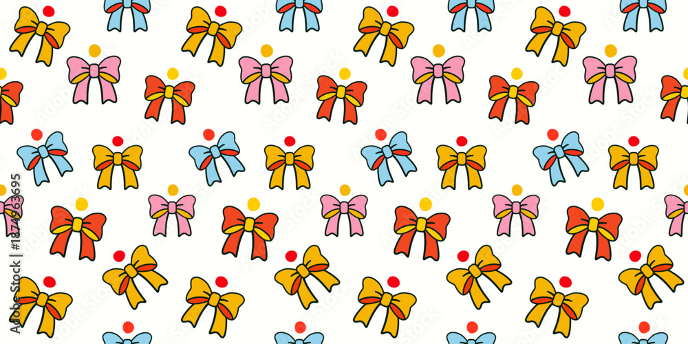 Fototapeta premium Seamless patterns of colorful ribbons and bows in a fun vector illustration style, perfect for school and design projects. Cute seamless fabric background, banner, wrapping paper