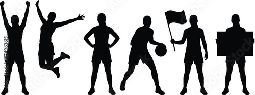 Silhouettes of athletes in different active poses including jumping, sports holding, flag waving, and sign display for fitness design, sports themes, and performance illustration projects.