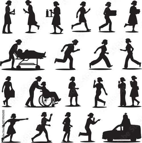 Black silhouettes of people in various actions on white background